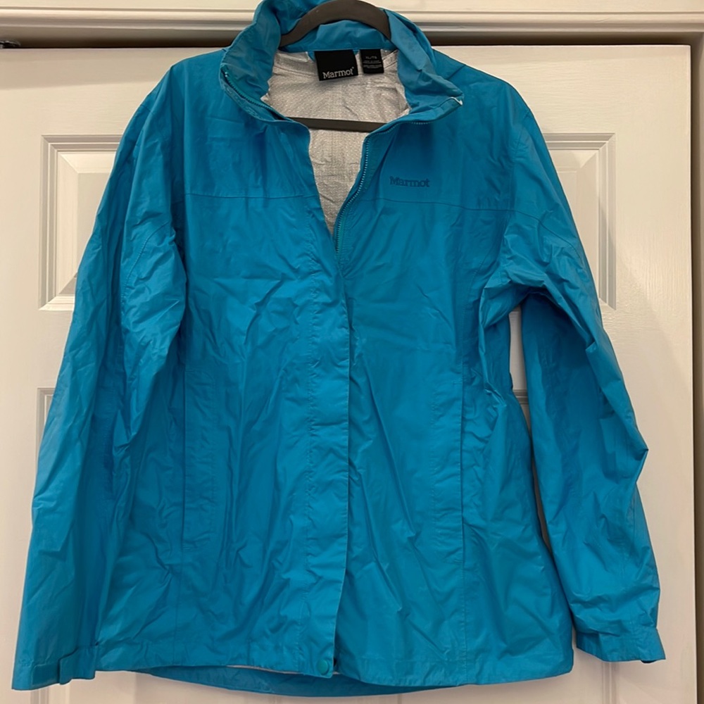 MARMOT Rain jacket/Windbreaker w/attached hood, size XL, turquoise/blue
